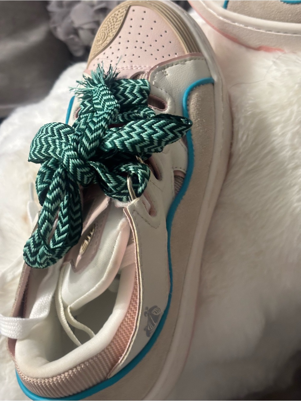 Lanvin Pink, Cream & Teal Ribbon Lace Sneakers